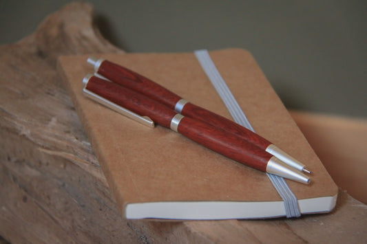 Balpen en potlood set - padouk- satin silver