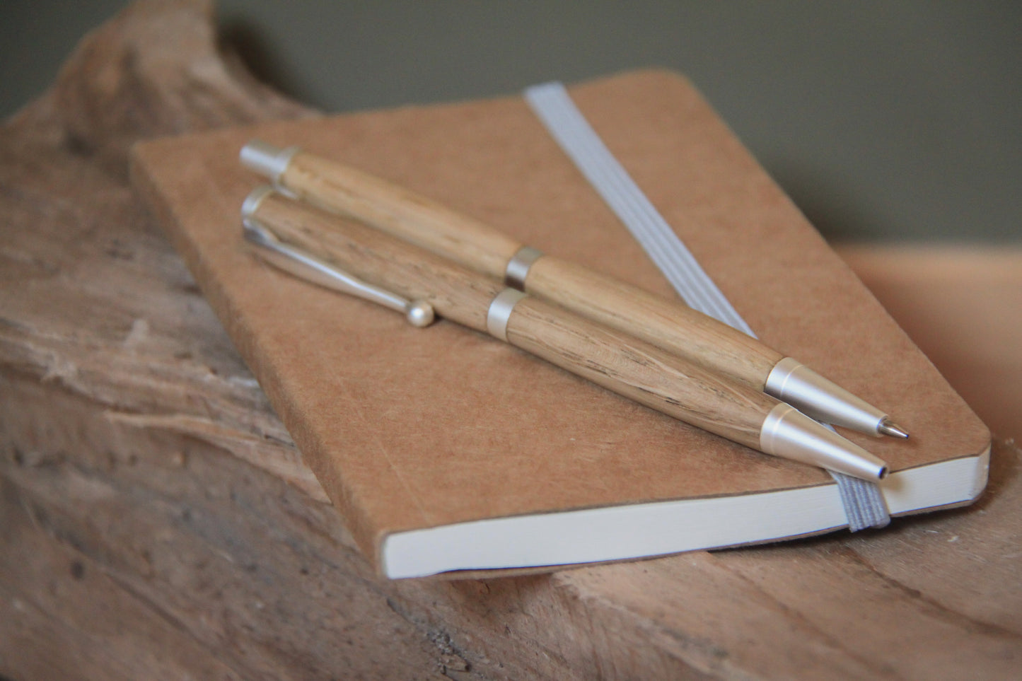 Balpen en potlood set - eik - satin silver