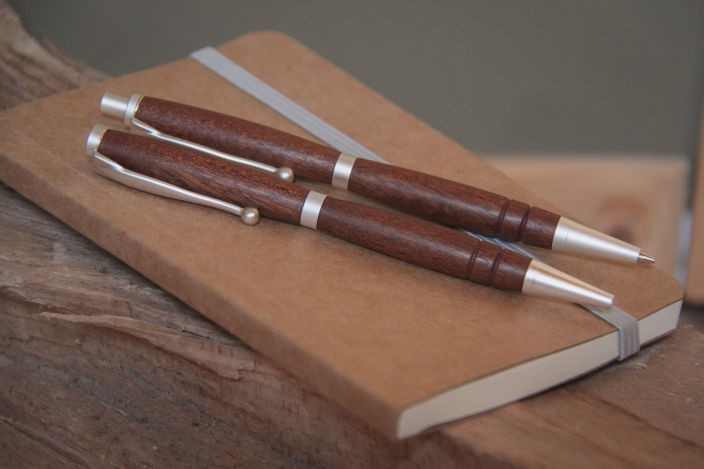 Balpen en potlood set - tropisch hardhout - satin silver