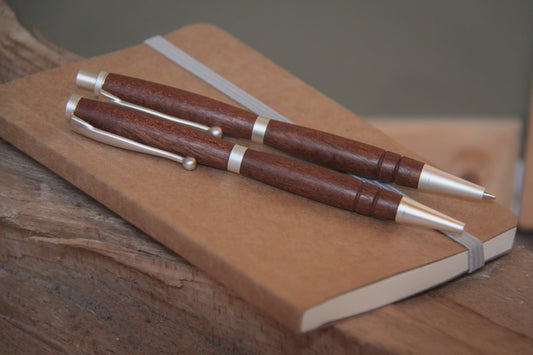 Balpen en potlood set - tropisch hardhout - satin silver